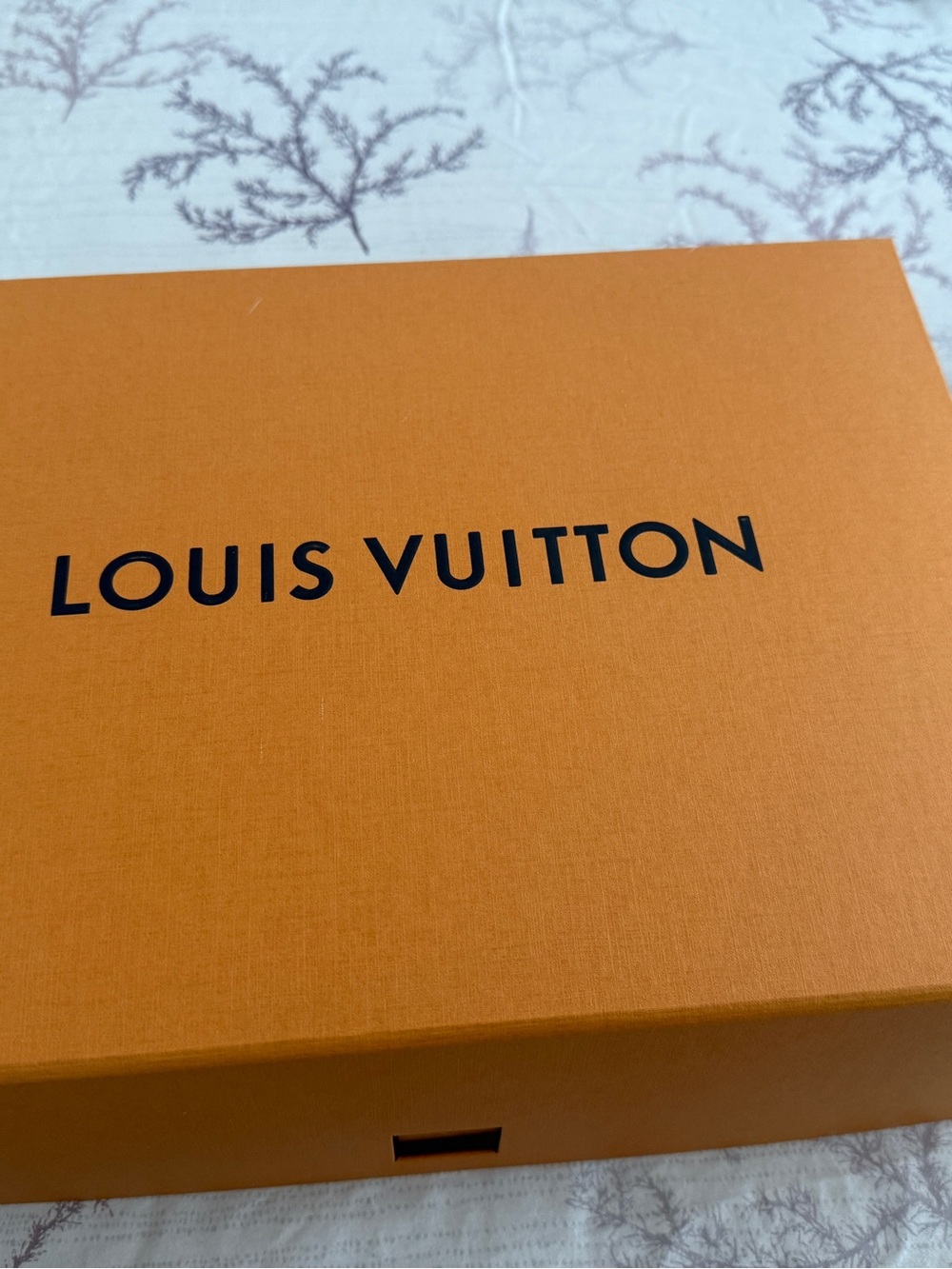 Louis Vuitton Orange Empty Gift Box with LV Blue Logo mag close, LV ribbon n/a